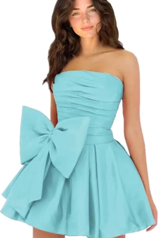 Chic Sleeveless Ruched Short Homecoming Dresses Lace Up Mini Party Wear Dress with Bow
