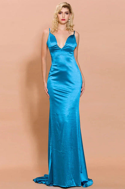 Chic V-Neck Backless Mermaid Long Evening Prom Dress With Spaghetti-Straps