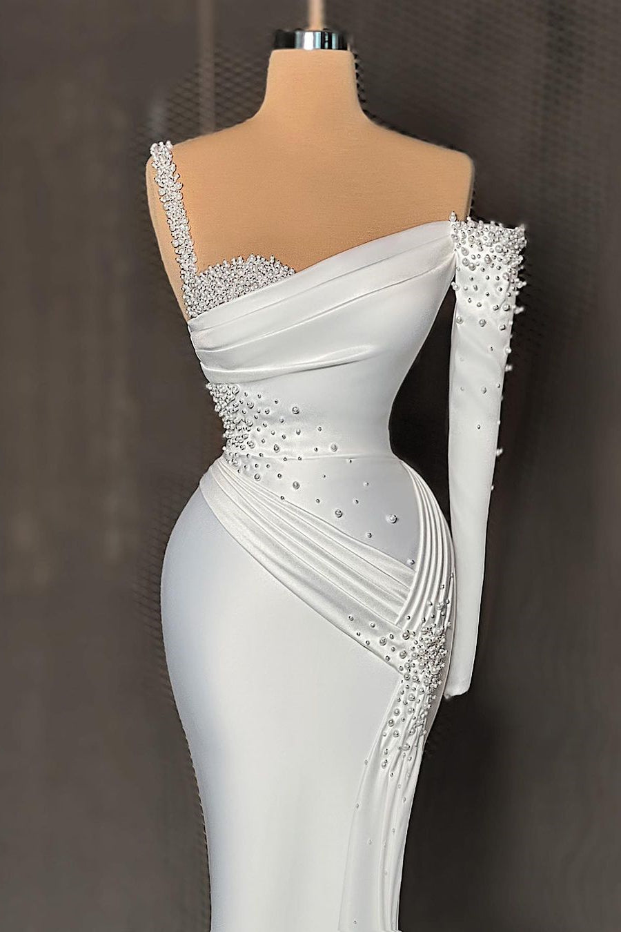 Chic White Off Shoulder Sheath Pearls Ruffles Prom Dress