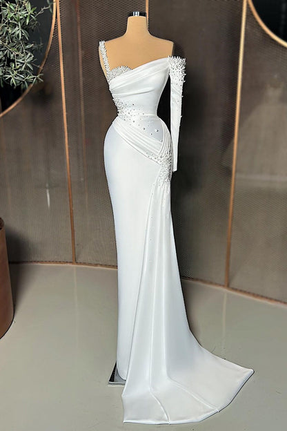 Chic White Off Shoulder Sheath Pearls Ruffles Prom Dress