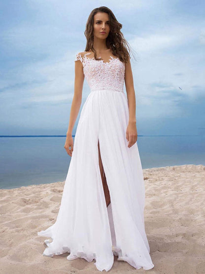 Chiffon Boho Wedding Dresses Short Sleeves V Neck A Line Split Front Bridal Dresses