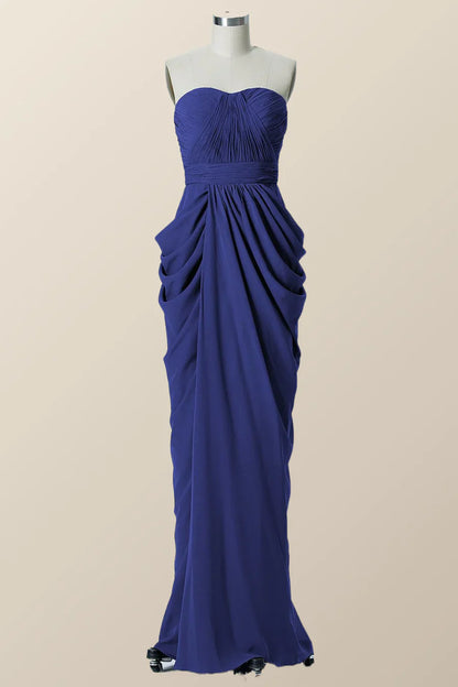 Sweetheart Navy Blue Draped Long Bridesmaid Dress