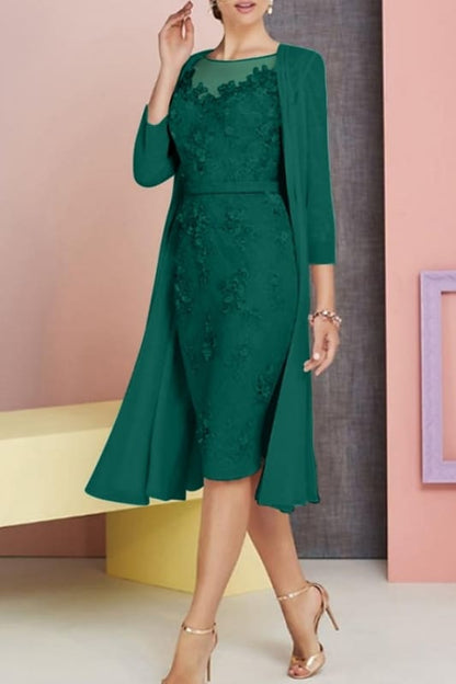 Chiffon Lace Two Piece Sheath Mother of the Bride Dress Knee Length Wedding Guest Dress