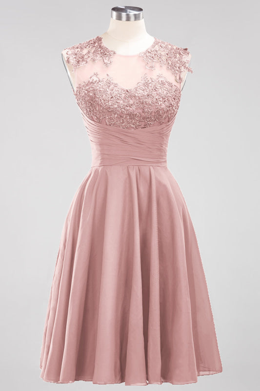Chiffon Round Neck Short Bridesmaid Dresses with Appliques