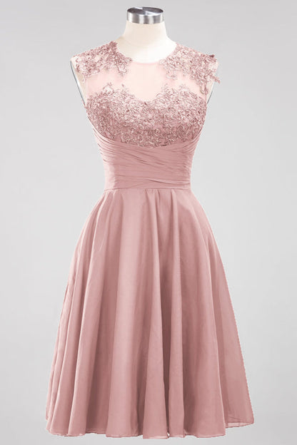 Chiffon Round Neck Short Bridesmaid Dresses with Appliques