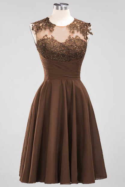 Chiffon Round Neck Short Bridesmaid Dresses with Appliques