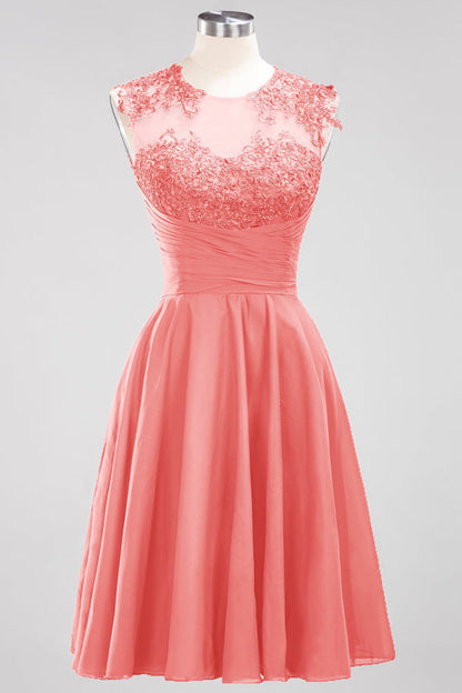 Chiffon Round Neck Short Bridesmaid Dresses with Appliques