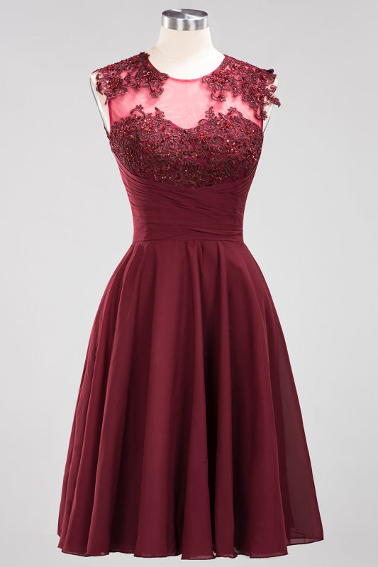 Chiffon Round Neck Short Bridesmaid Dresses with Appliques