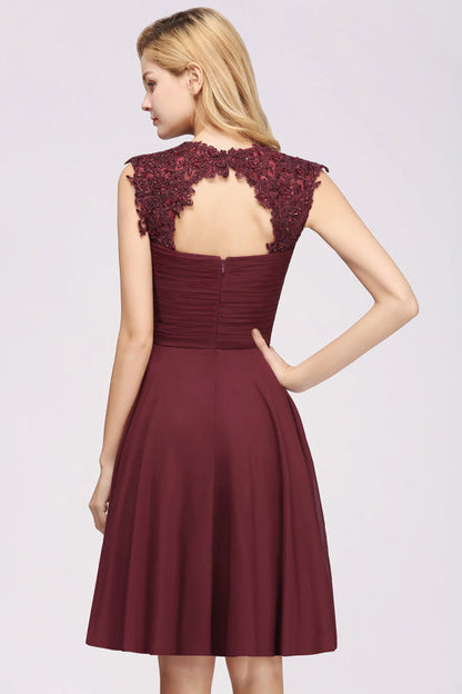 Chiffon Round Neck Short Bridesmaid Dresses with Appliques