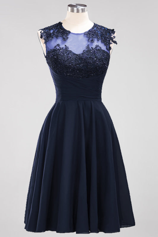 Chiffon Round Neck Short Bridesmaid Dresses with Appliques