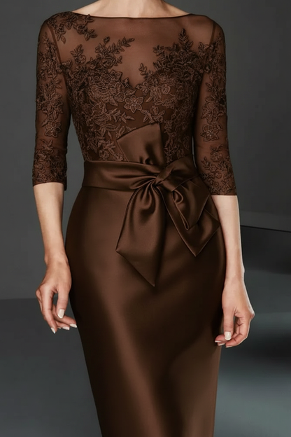 Bateau 3/4 Long Sleeves Satin Mother of the Bride Dresses with Lace