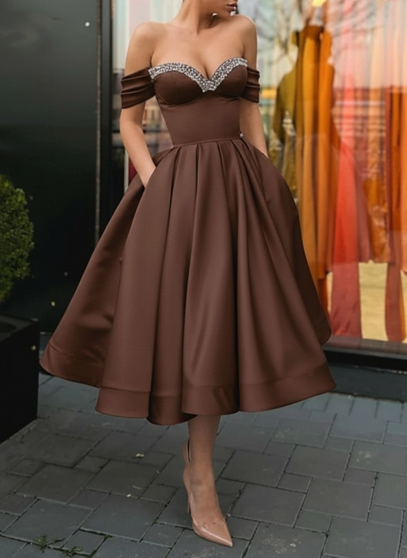 Off Shoulder Satin Tea Length Prom Dresses Sequins Pink Formal Graduation Evening Dresses
