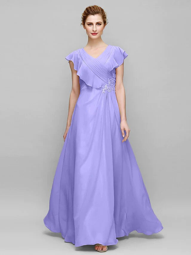 Sheath / Column Mother of the Bride Dress Plus Size Elegant V Neck Floor Length Chiffon Sleeveless with Criss Cross Appliques