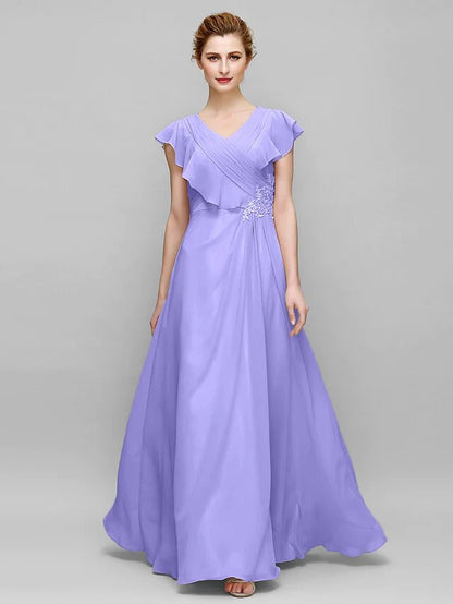 Sheath / Column Mother of the Bride Dress Plus Size Elegant V Neck Floor Length Chiffon Sleeveless with Criss Cross Appliques