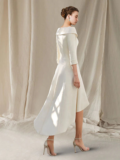 A-Line Mother of the Bride Dress Elegant High Low Bateau Neck Asymmetrical Knee Length Stretch Fabric 3/4 Length Sleeve with Bow(s)
