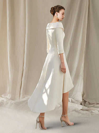 DingjiA-Line Mother of the Bride Dress Elegant High Low Bateau Neck Asymmetrical Knee Length Stretch Fabric 3/4 Length Sleeve with Lace Bow(s)