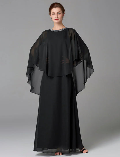 A-Line Mother of the Bride Dress Wedding Guest Elegant Cape Dress Plus Size Jewel Neck Floor Length Chiffon Sleeveless with Beading