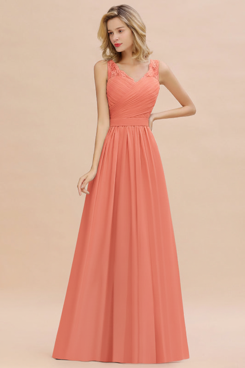 Modest Floral Lace A-line Bridesmaid Dress V-Neck Ruched Chiffon Wedding Guest Dress