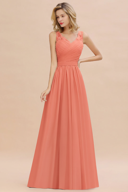 Modest Floral Lace A-line Bridesmaid Dress V-Neck Ruched Chiffon Wedding Guest Dress