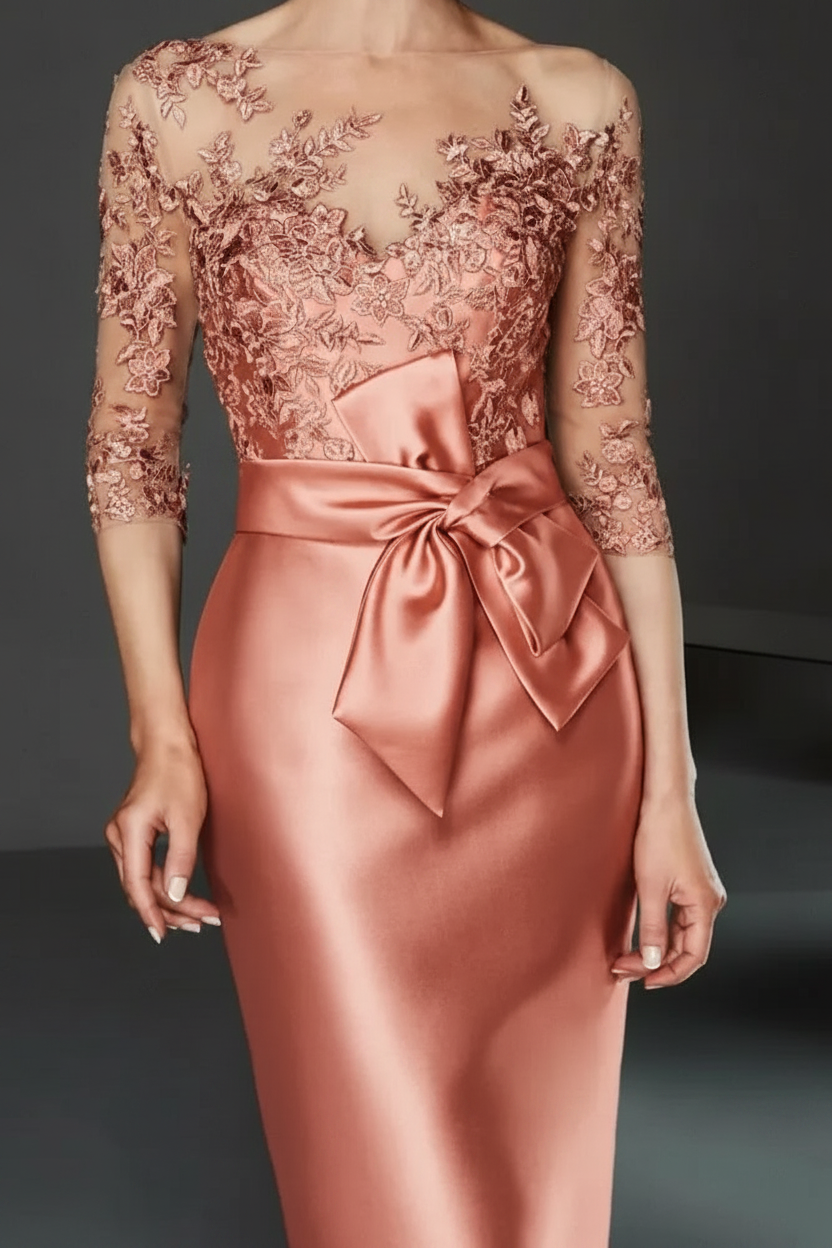 Bateau 3/4 Long Sleeves Satin Mother of the Bride Dresses with Lace