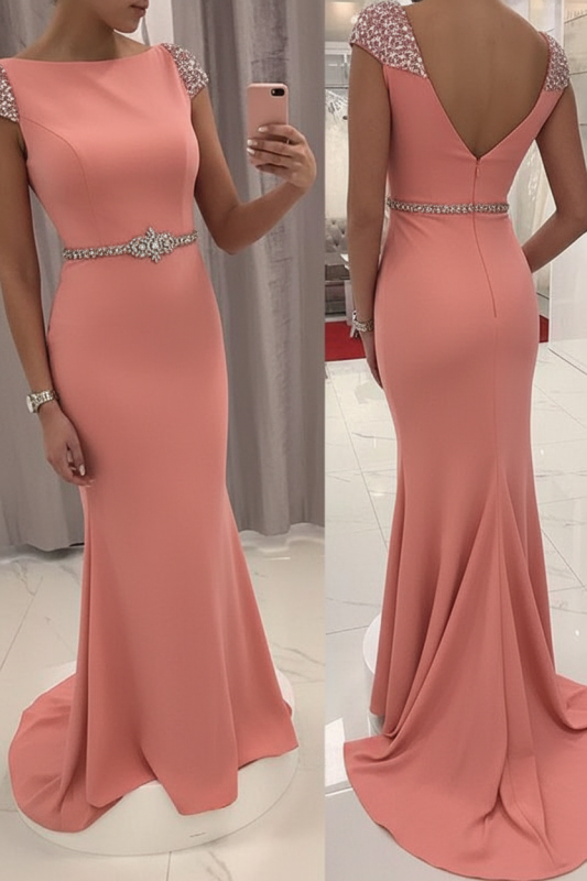 Navy Blue Sequined Fitted Cap Sleeve Mermaid Prom Dress Formal Gown