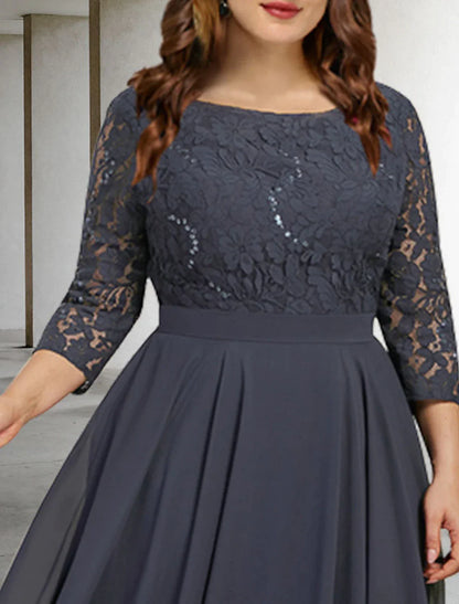 A-Line Mother of the Bride Dresses Plus Size Hide Belly Curve Elegant Dress Formal Tea Length 3/4 Length Sleeve Jewel Neck Chiffon with Pleats