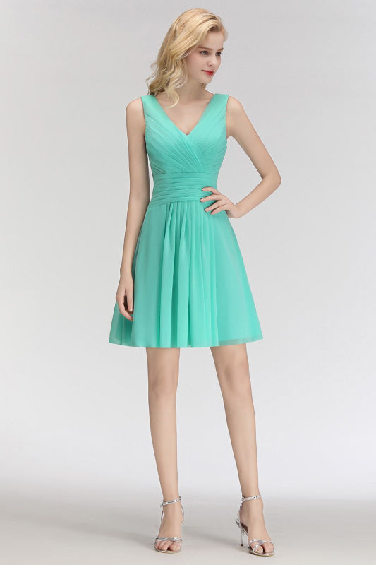 Cute V-Neck Ruffle Chiffon Bridesmaid Dress Knee Length