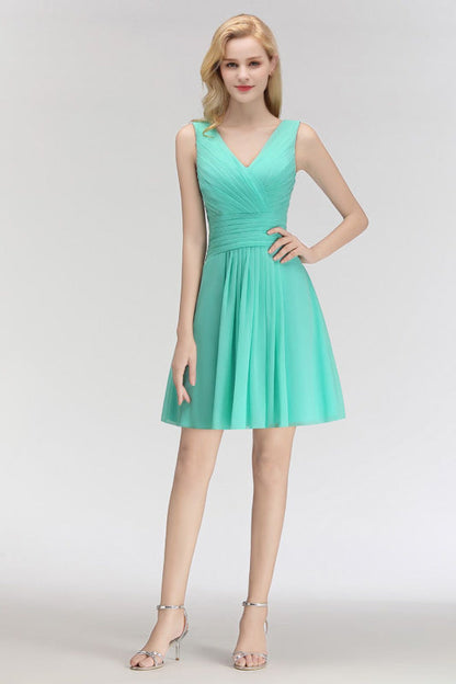 Cute V-Neck Ruffle Chiffon Bridesmaid Dress Knee Length
