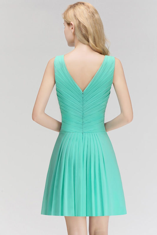Cute V-Neck Ruffle Chiffon Bridesmaid Dress Knee Length