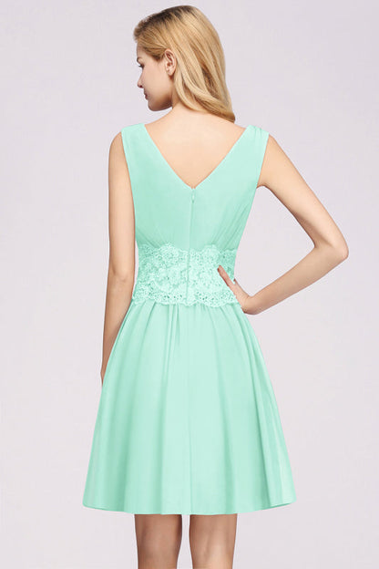 Cute V-Neck Sleeveless Lace Bridesmaid Dresses Knee Length
