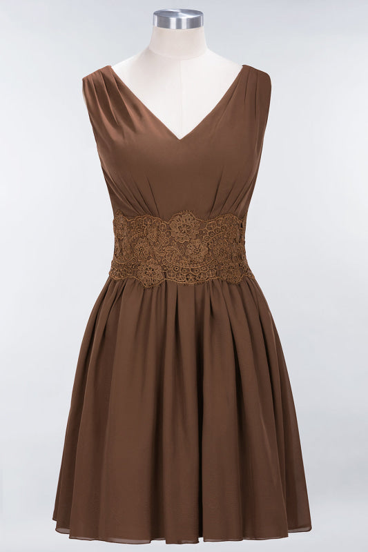 Cute V-Neck Sleeveless Lace Bridesmaid Dresses Knee Length
