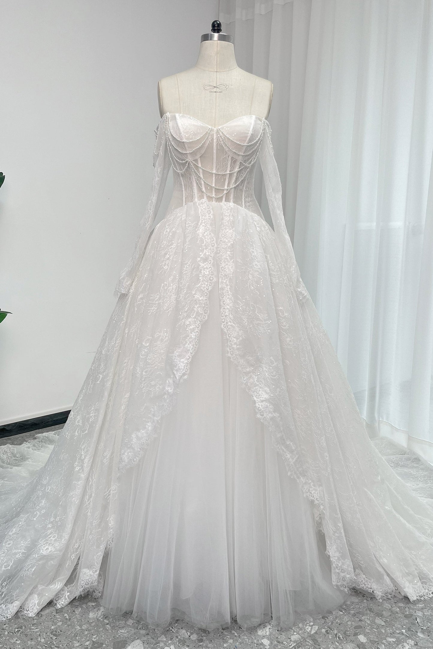 A-Line Chapel Train Sequined Lace Tulle Wedding Dress CW3351