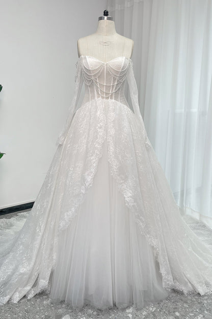 A-Line Chapel Train Sequined Lace Tulle Wedding Dress CW3351