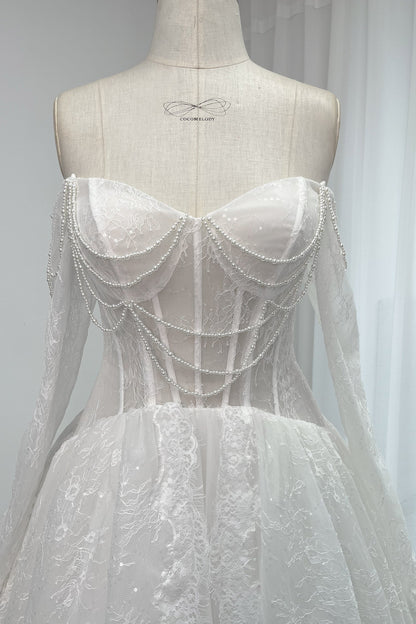 A-Line Chapel Train Sequined Lace Tulle Wedding Dress CW3351