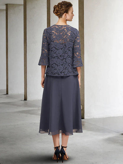 A-Line 3 Piece Mother of the Bride Dress Plus Size Elegant Square Neck Tea Length Chiffon Lace Sleeveless Wrap Included Jacket Dresses with Crystals Ruffles