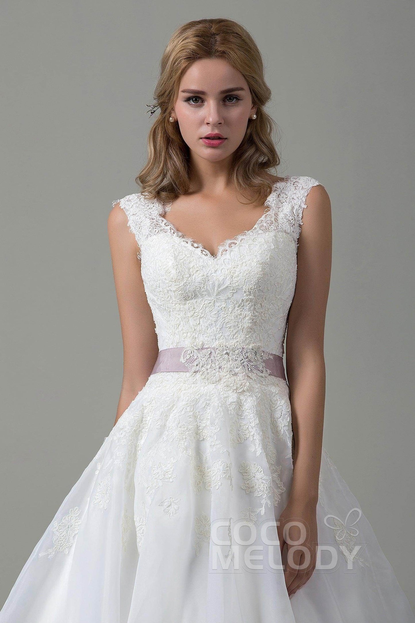 A-Line Court Train Lace and Organza Wedding Dress CWZT15007