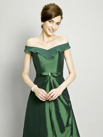A-Line Mother of the Bride Dress Elegant High Low Off Shoulder Asymmetrical Chiffon Taffeta Short Sleeve with Pick Up Skirt Bow(s)