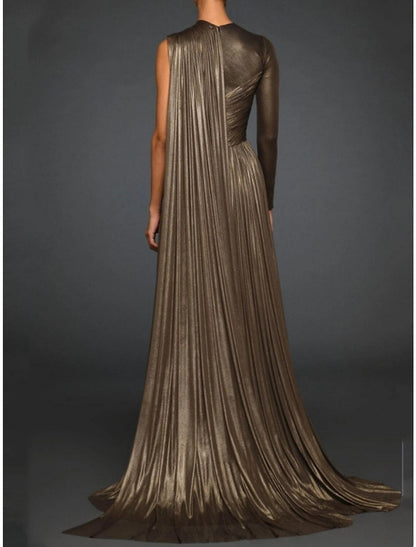 Sheath / Column Evening Gown High Split Dress Formal Fall Sweep / Brush Train Long Sleeve Jewel Neck Tulle with Pleats Slit 2025