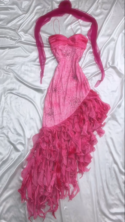 Hot Pink Spaghetti Straps A-Line Ruffles Beaded Vintage Long Party Dresses, HZ0319
