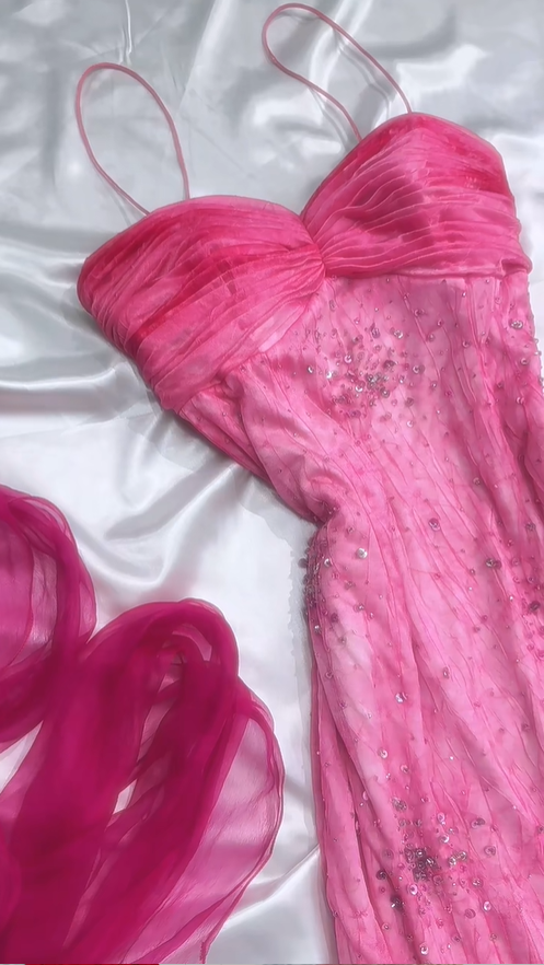 Hot Pink Spaghetti Straps A-Line Ruffles Beaded Vintage Long Party Dresses, HZ0319