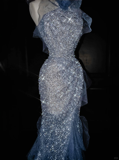 Blue Straps Ruffles Mermaid Beading Long Evening Dress Birthday Outfits, HZ0319