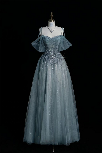 Blue Straps Off Shoulder A-Line Tulle Beaded Long Formal Evening Party Dresses, HZ0319