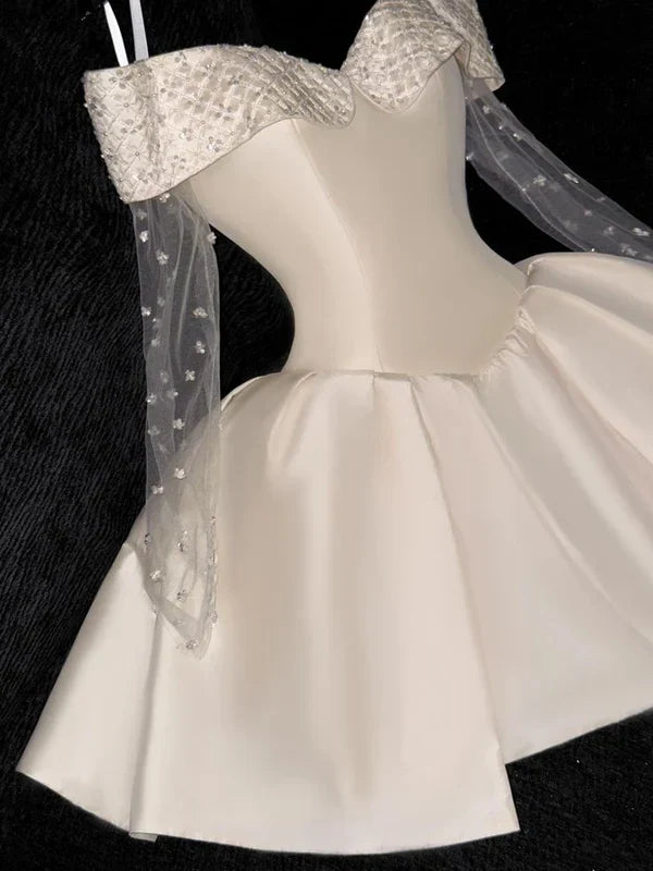 White Off Shoulder A-Line Satin Short Party Dresses Birthday Party Dresses, HZ0319