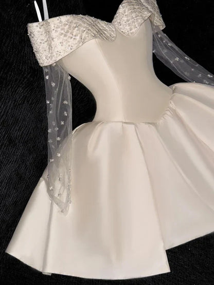 White Off Shoulder A-Line Satin Short Party Dresses Birthday Party Dresses, HZ0319