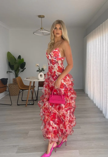 Sexy Red Floral Printed Backless Ruffle Long Party Dress Prom Evening Dress cc1612