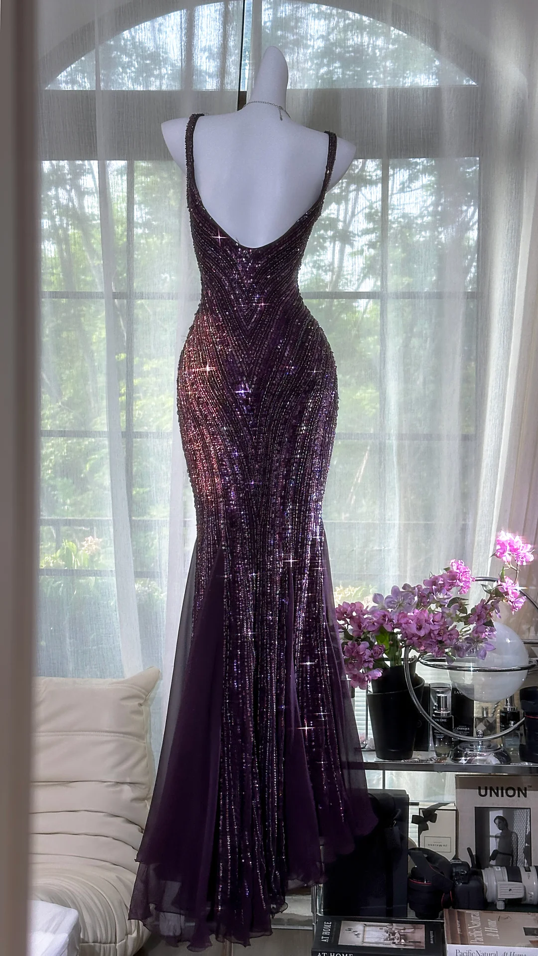 Gorgeous Purple Beaded Sequin V-neck Mermaid Elegant Chiffon Evening Dress Prom Dresses HZ1024