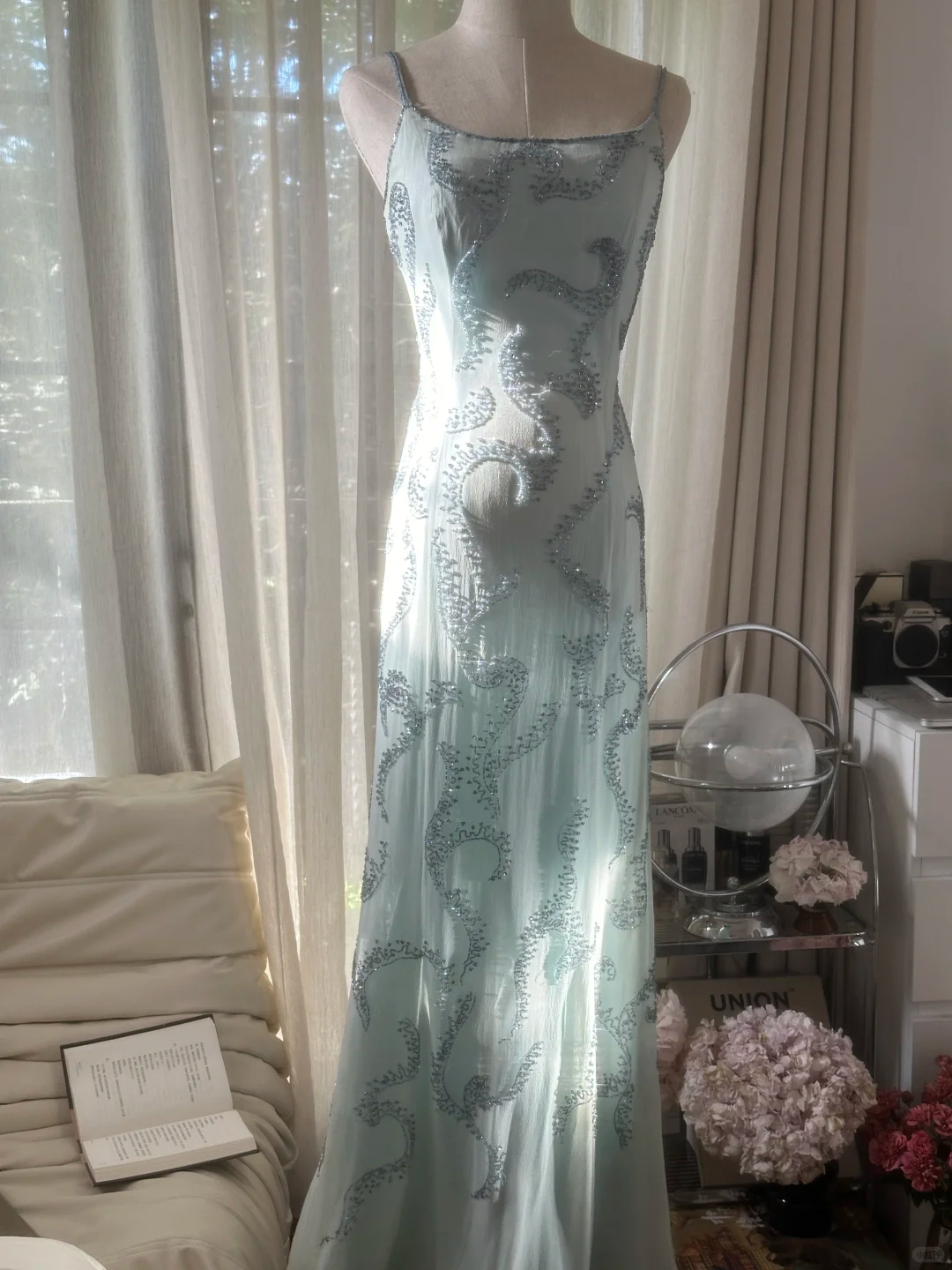 Retro Light Green Sparkling Beaded Spaghetti Strap Design Elegant Chiffon Evening Dress Prom Dress HZ1024