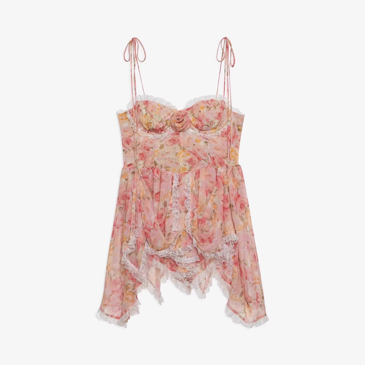Vintage Lace Floral Spaghetti Strap Ruffled Hem Design A-line Party Dress HZ1024
