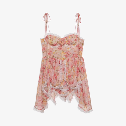 Vintage Lace Floral Spaghetti Strap Ruffled Hem Design A-line Party Dress HZ1024