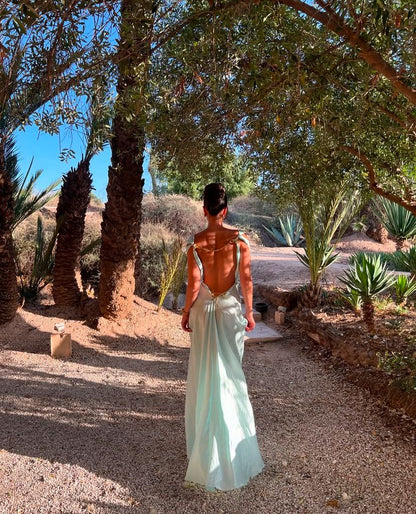 Retro Mermaid Deep V-neck Backless Metal Chain Satin Long Prom Dress Evening Dress cc5063